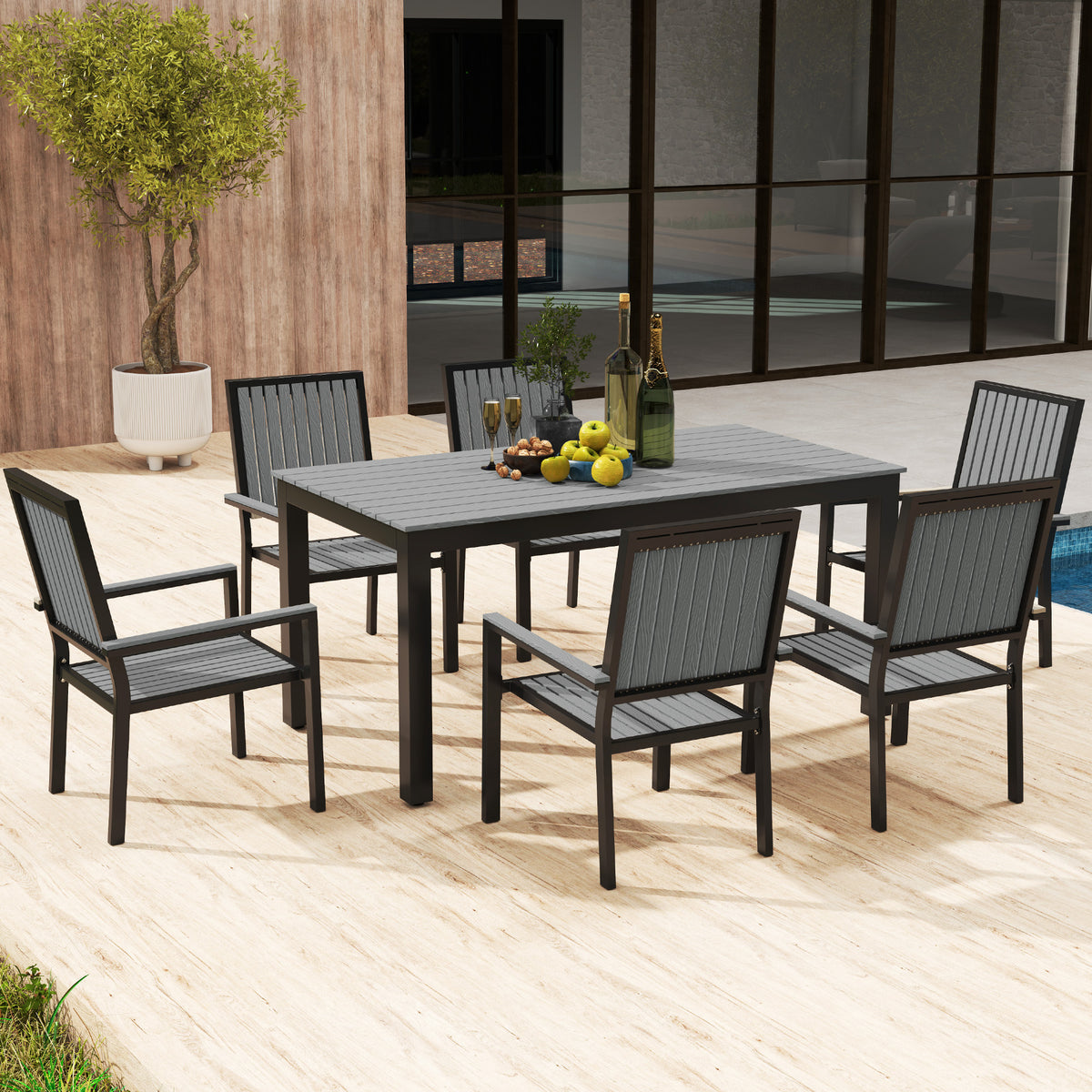 Outsunny 6-Seater Aluminium Garden Dining Set with Stackable Chairs & Wood-Grain Slatted Table – Grey