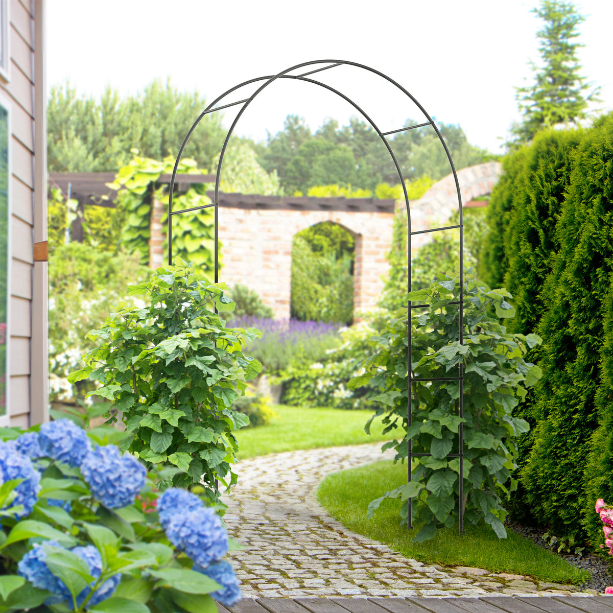 Outsunny Metal Garden Arch for Climbing Plants with Ground Stakes – Arbor for Weddings and Events, Black