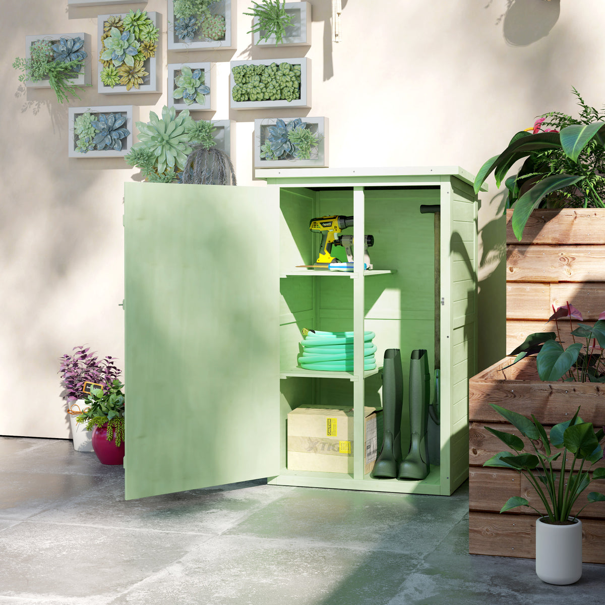 Outsunny Fir Wood Garden Shed with 2 Shelves & Lockable Doors – Tool Storage, 75 x 56 x 115cm, Green