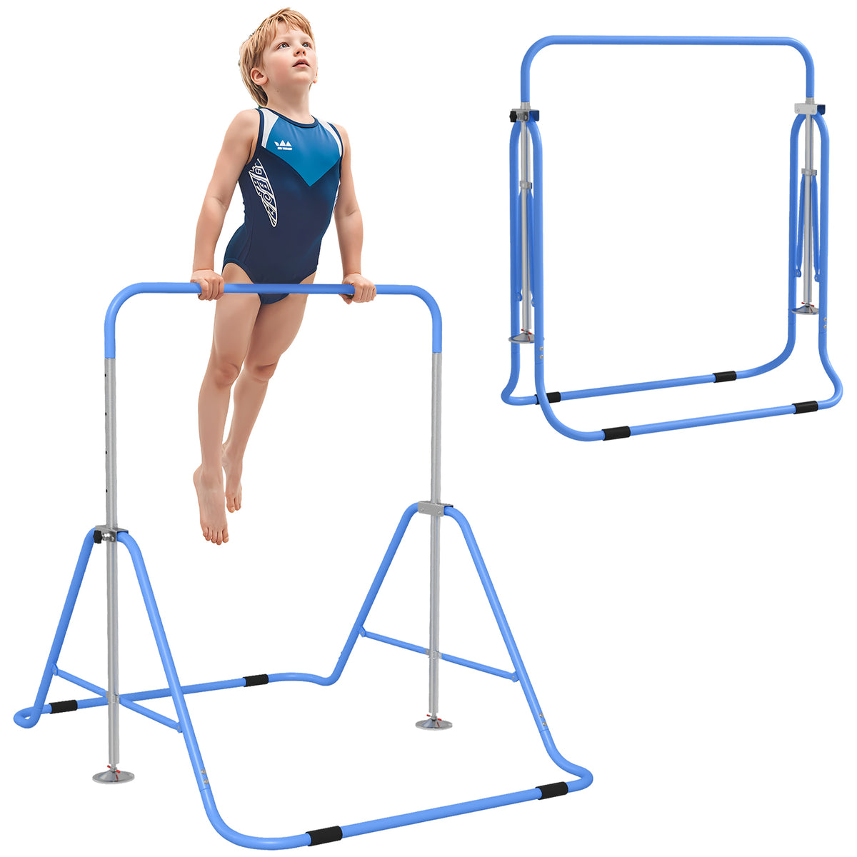 HOMCOM Kids Gymnastic Bar with Adjustable Height & Foldable Steel Frame – Training Bar for Ages 3+, Blue