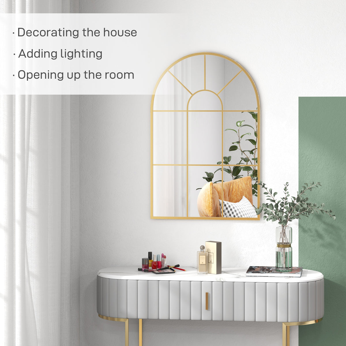 HOMCOM Modern Arched Window Wall Mirror for Bedroom, 91x60cm, Gold Tone
