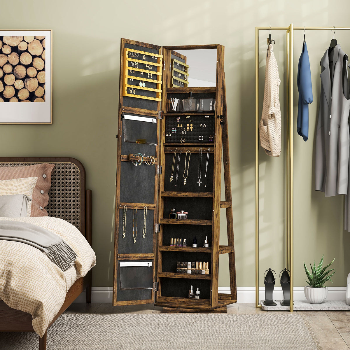 HOMCOM Lockable Swivel Jewellery Cabinet with Full-Length Mirror – 360° Bedroom Storage