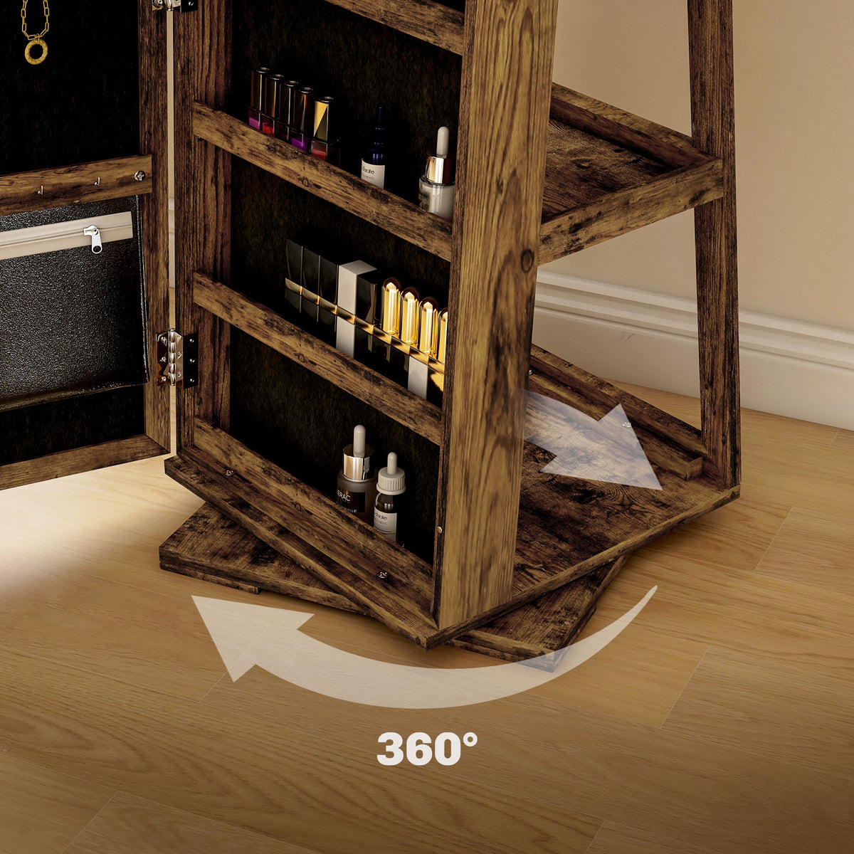 HOMCOM Lockable Swivel Jewellery Cabinet with Full-Length Mirror – 360° Bedroom Storage