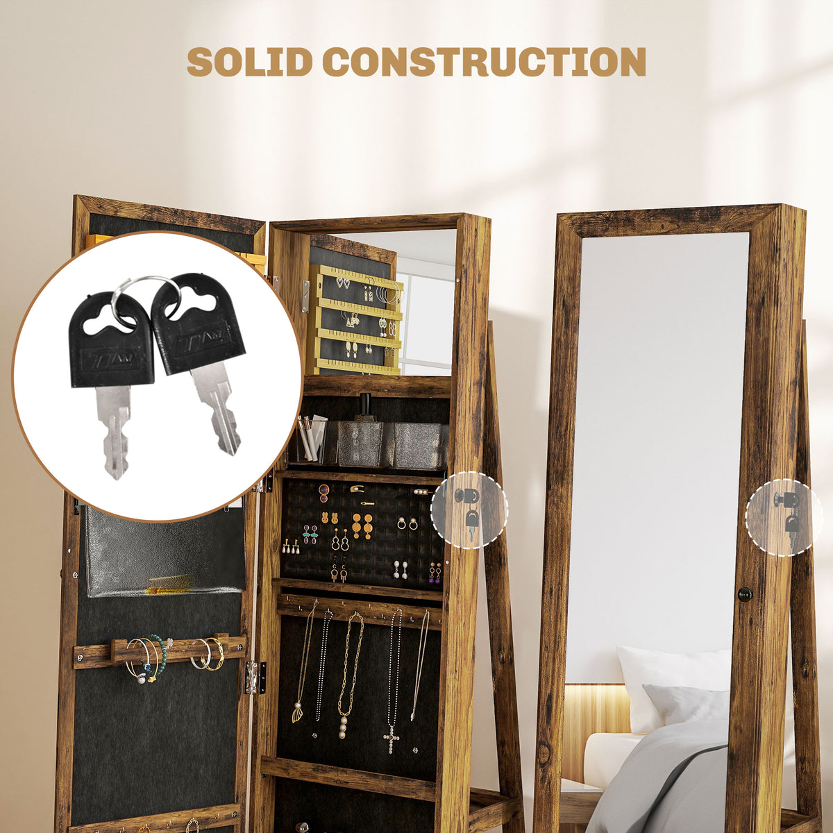 HOMCOM Lockable Swivel Jewellery Cabinet with Full-Length Mirror – 360° Bedroom Storage