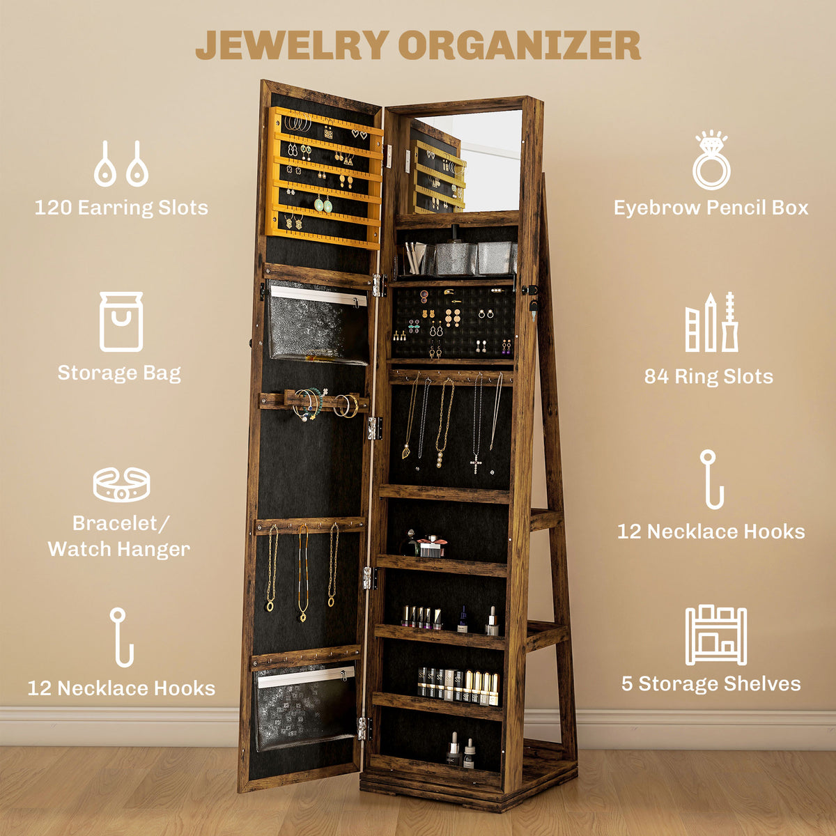 HOMCOM Lockable Swivel Jewellery Cabinet with Full-Length Mirror – 360° Bedroom Storage