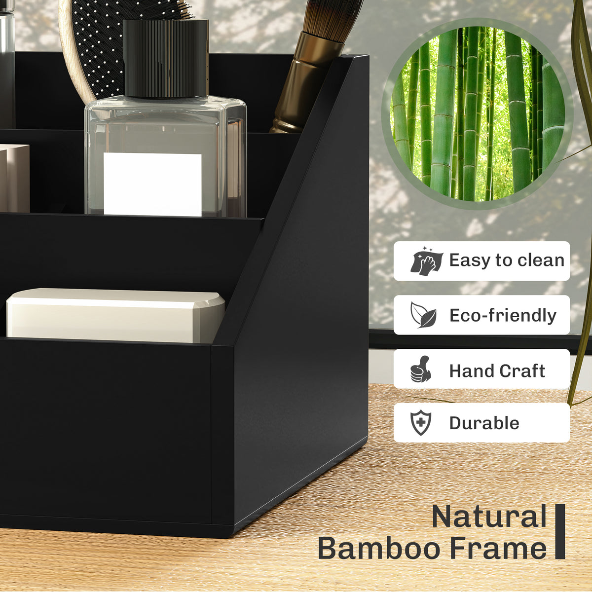 HOMCOM Bamboo Desk Organiser with 2 Drawers and 7 Compartments – Office Supplies Storage Caddy, Black