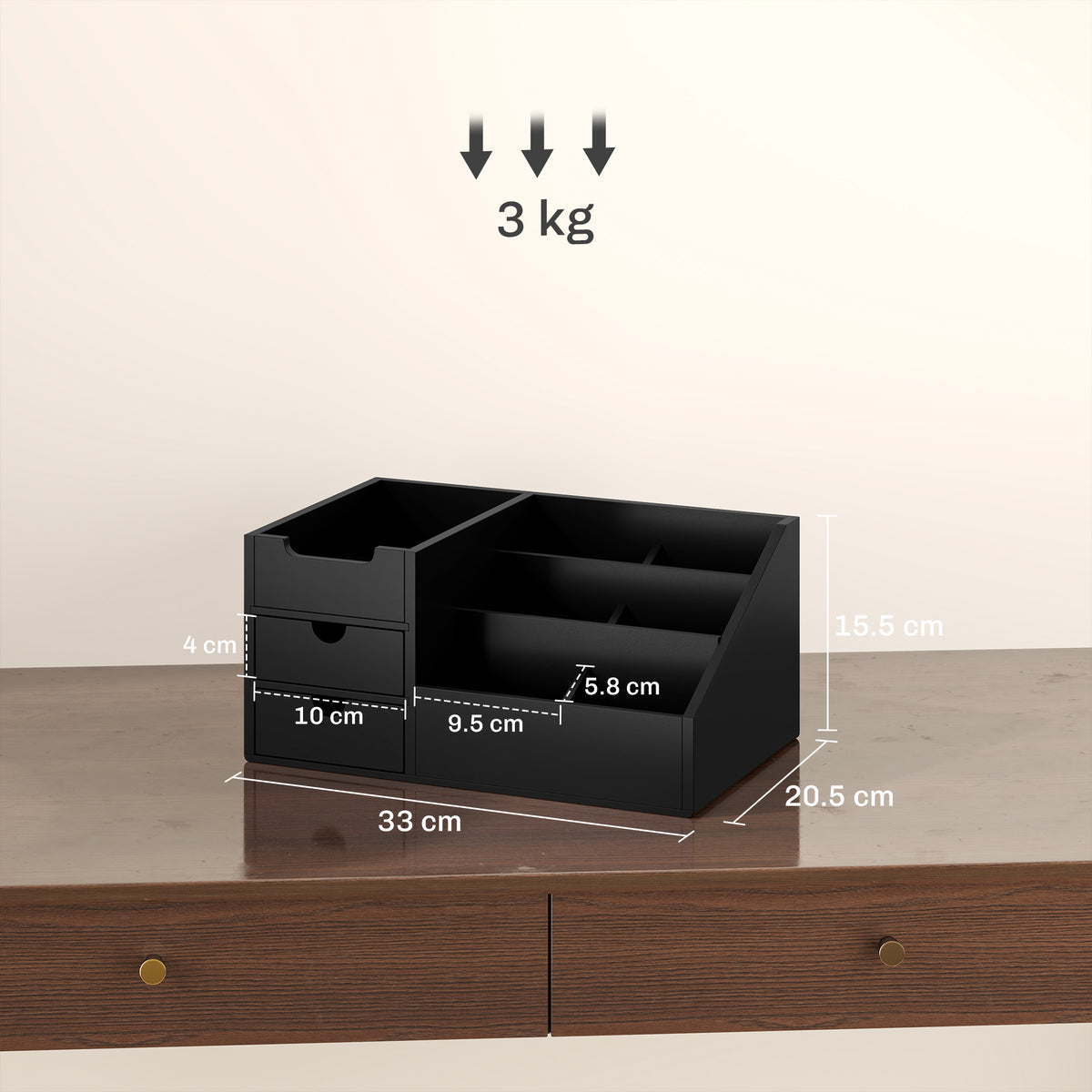 HOMCOM Bamboo Desk Organiser with 2 Drawers and 7 Compartments – Office Supplies Storage Caddy, Black
