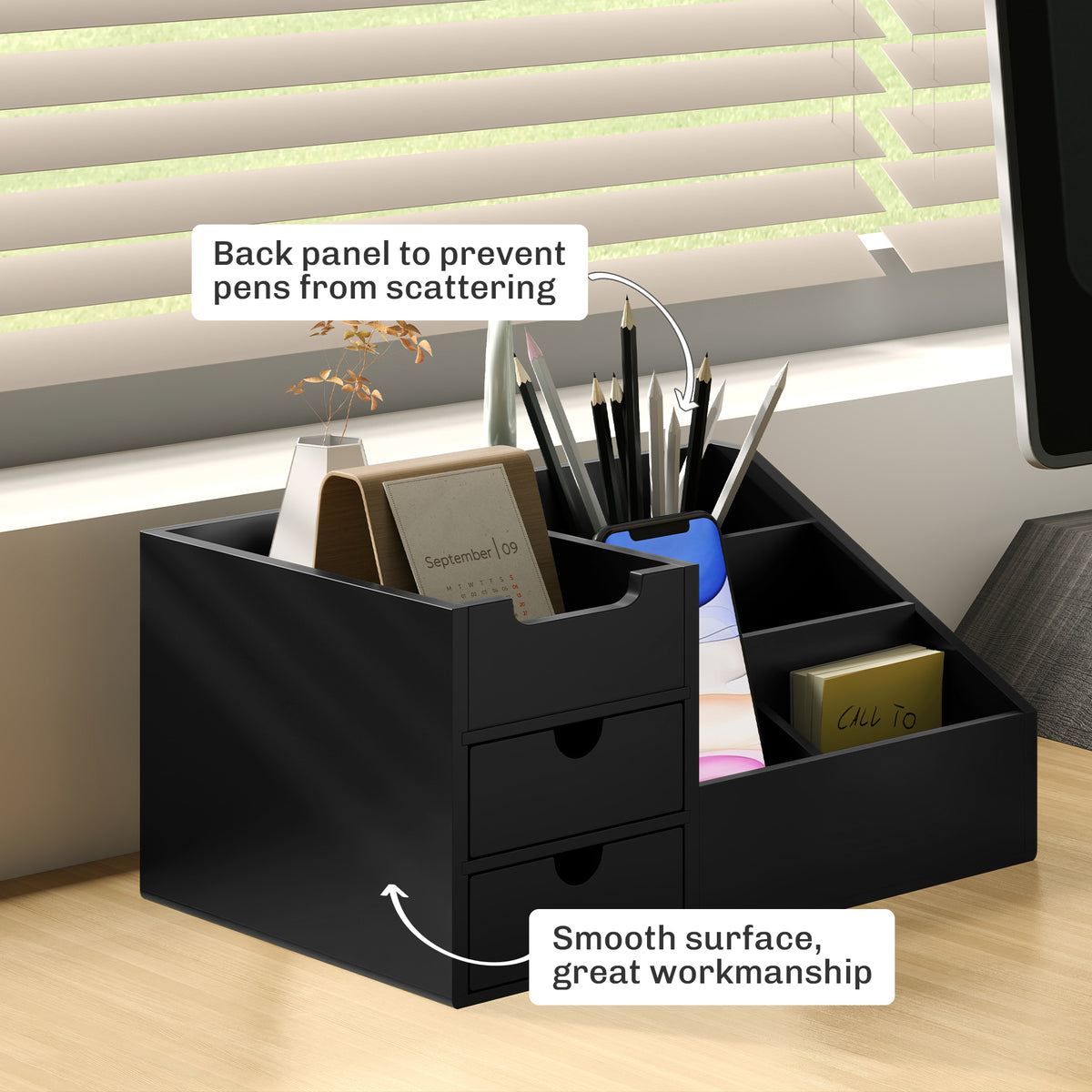 HOMCOM Bamboo Desk Organiser with 2 Drawers and 7 Compartments – Office Supplies Storage Caddy, Black