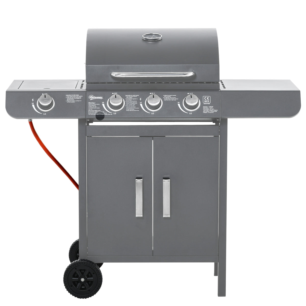 Outsunny 3+1 Burner Gas BBQ Grill with Side Burner & Warming Rack – Patio Barbecue with Cabinet, Grey