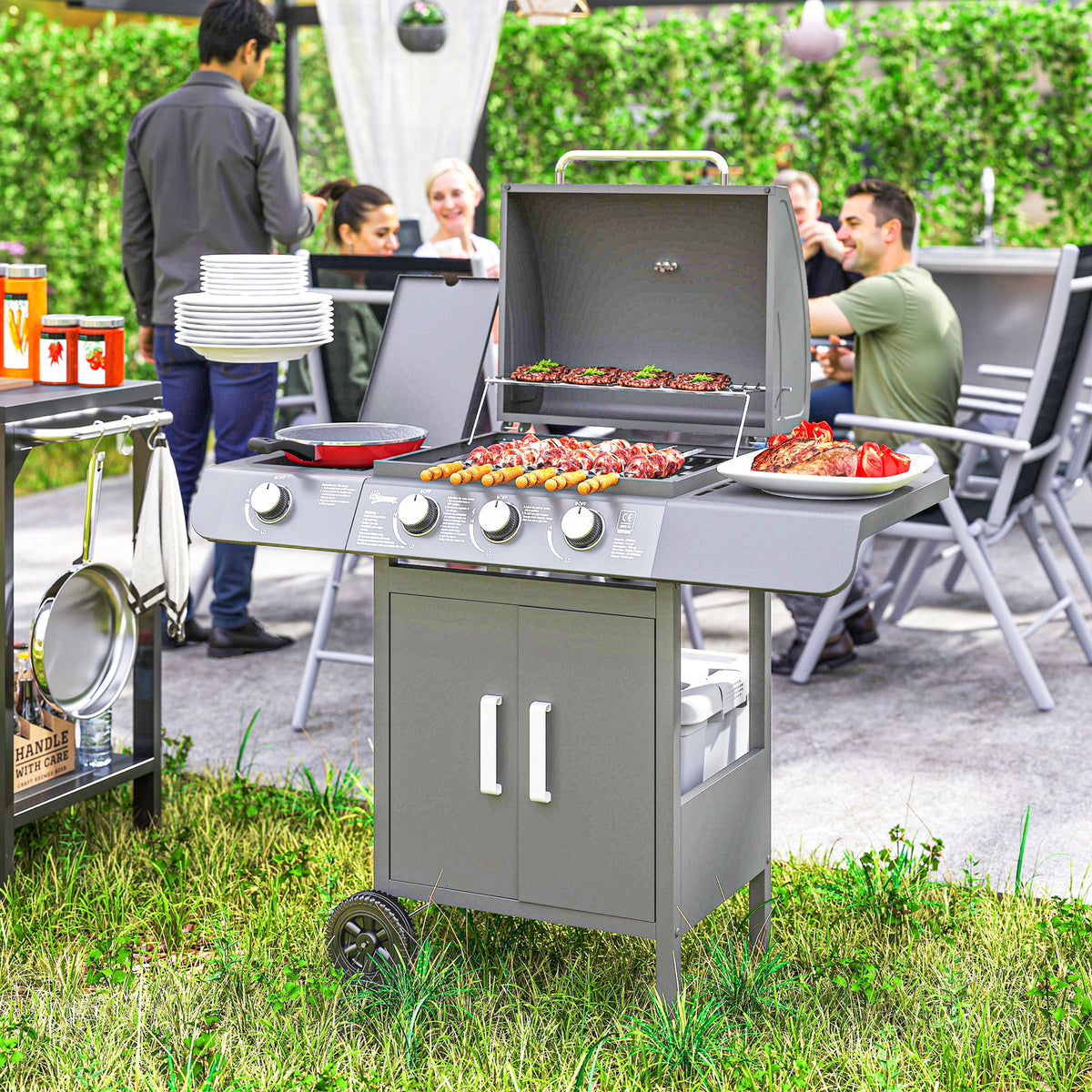 Outsunny 3+1 Burner Gas BBQ Grill with Side Burner & Warming Rack – Patio Barbecue with Cabinet, Grey