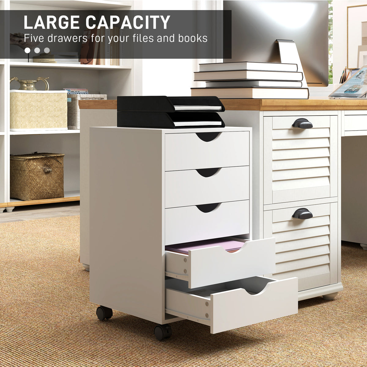 HOMCOM Mobile Vertical Filing Cabinet with 5 Drawers and Wheels – Home Office Storage, White