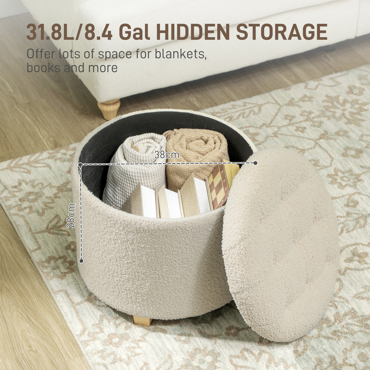 HOMCOM 45cm Round Storage Ottoman with Lid – Teddy Fleece Footstool and Padded Seat, Cream White