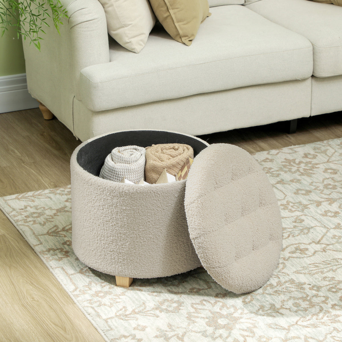 HOMCOM 45cm Round Storage Ottoman with Lid – Teddy Fleece Footstool and Padded Seat, Cream White