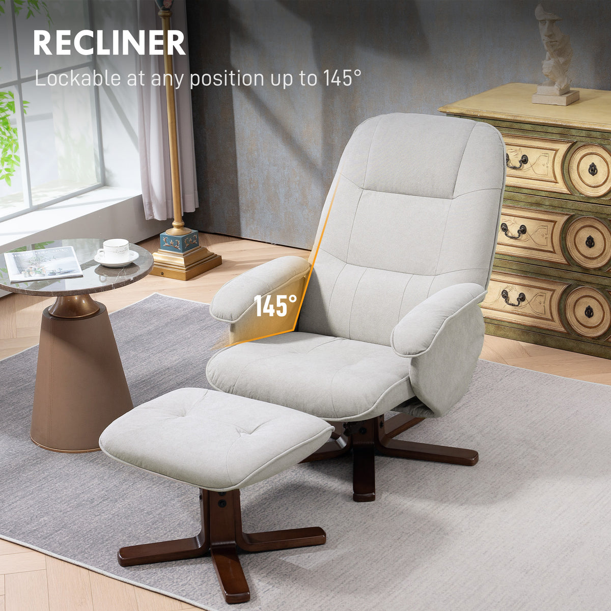 HOMCOM Swivel Recliner Chair with Footstool & Wooden Base – Scandi Linen-Look Armchair, Light Grey