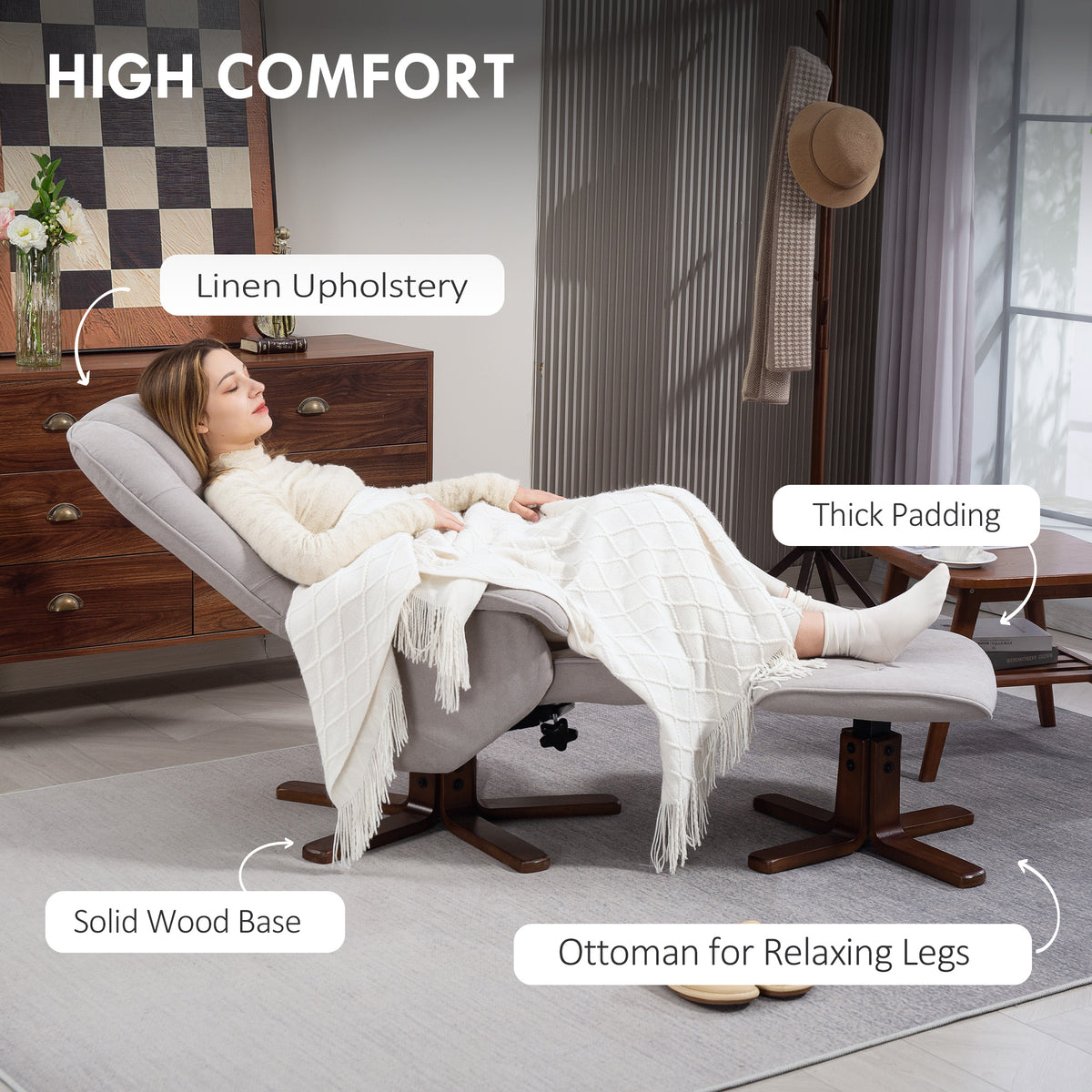 HOMCOM Swivel Recliner Chair with Footstool & Wooden Base – Scandi Linen-Look Armchair, Light Grey