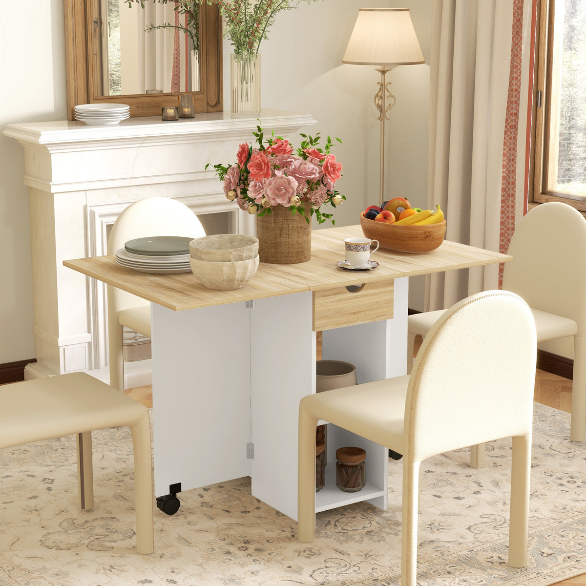 HOMCOM Foldable Drop Leaf Dining Table with Storage – Space-Saving Kitchen Table for 4, Oak