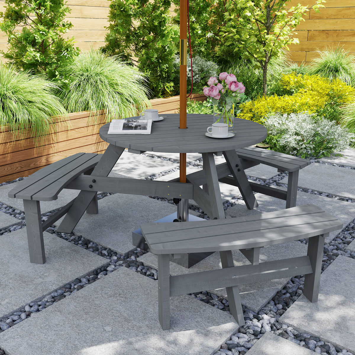 Outsunny 6-Person Fir Wood Patio Table & Bench Set with Parasol Hole – Garden Dining, Grey