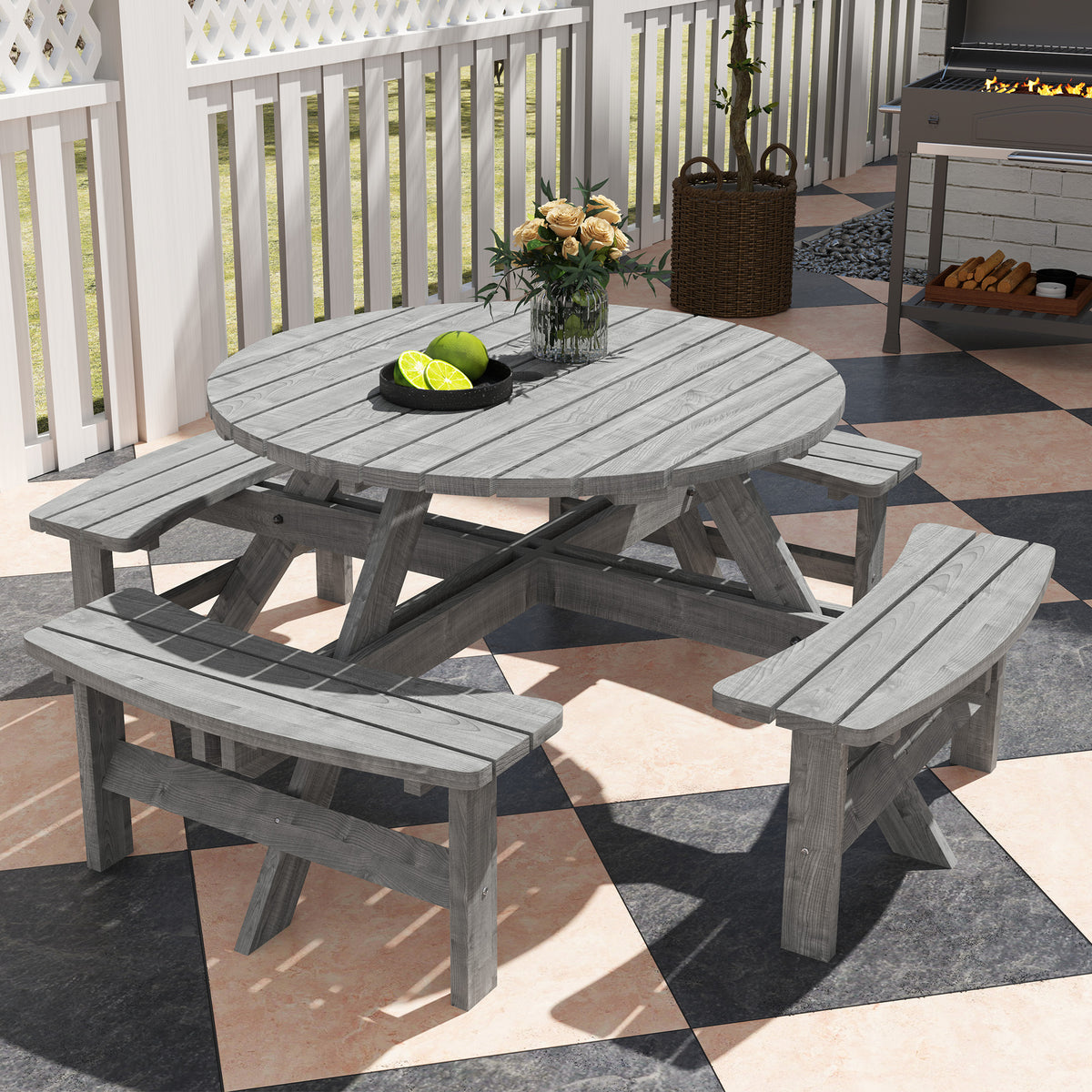 Outsunny 8-Seat Wooden Picnic Table with Benches & Parasol Hole – Fir Wood Garden Dining Set, Grey