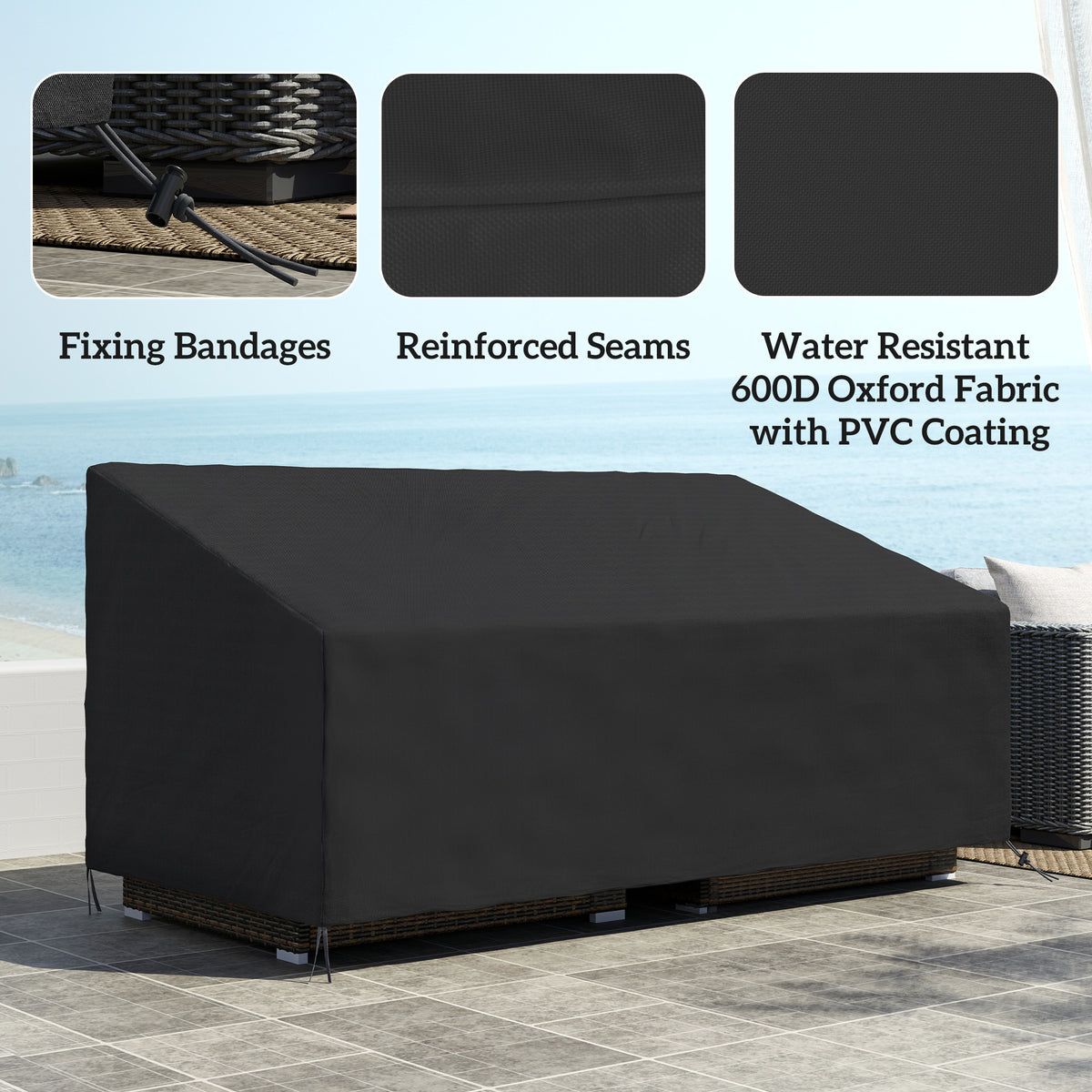 Outsunny 3 Seater Garden Sofa Cover – Waterproof 600D Oxford Fabric Rain Protector with Fixing Straps, Black