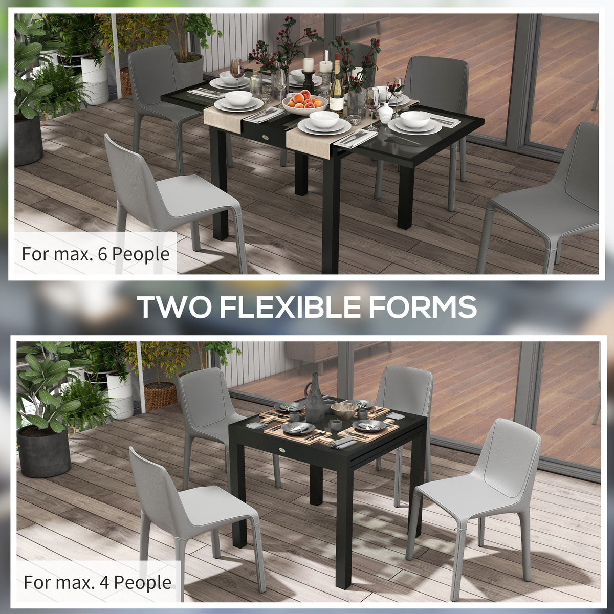 Outsunny Extendable Outdoor Dining Table with Tempered Glass Top, 80–160cm – Aluminium Patio Table, Black/Clear