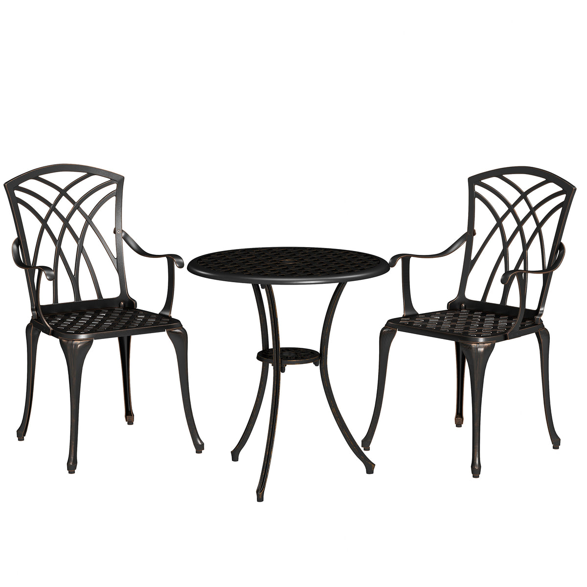 Outsunny 3-Piece Cast Aluminium Bistro Set with Parasol Hole, 2 Chairs & Round Table – Bronze