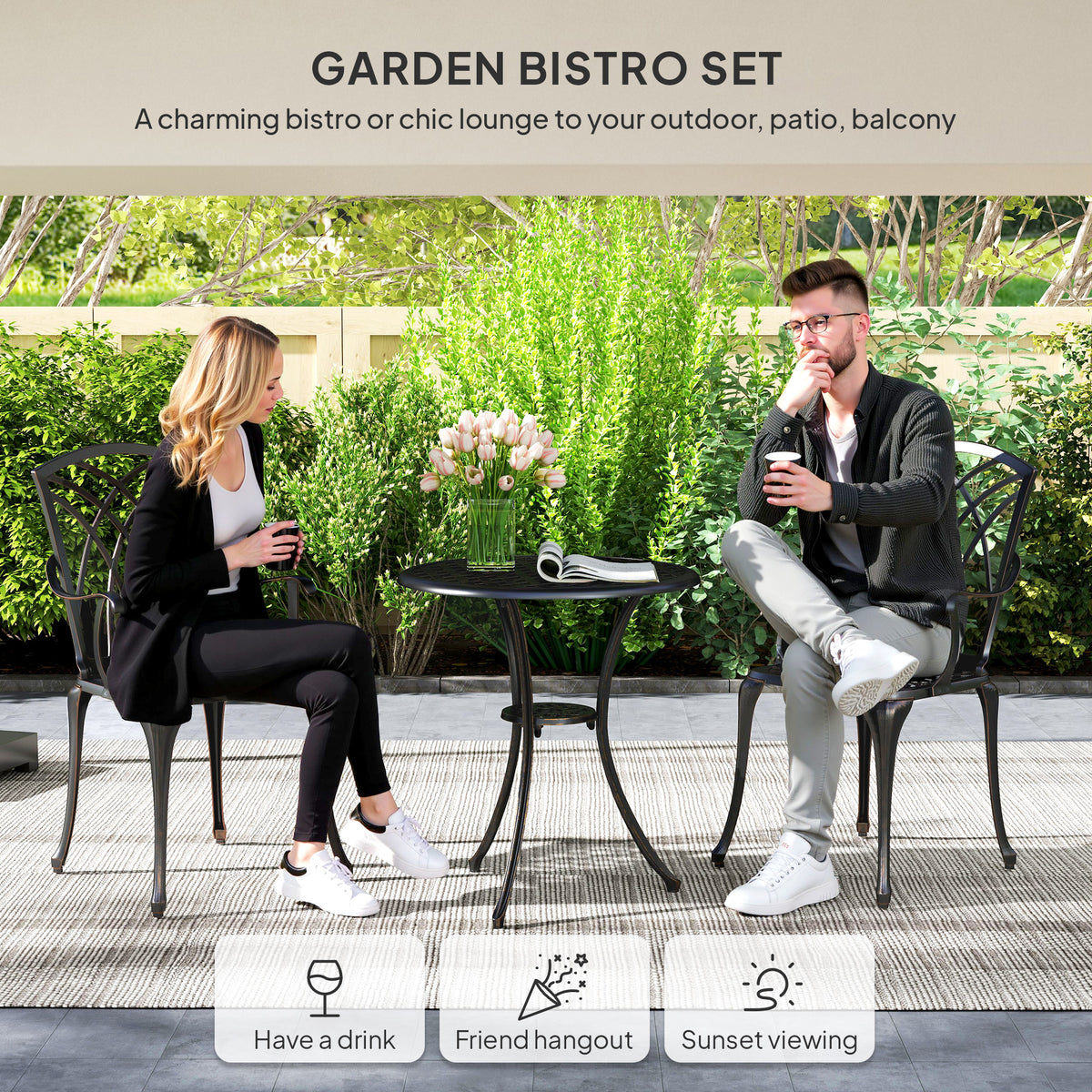 Outsunny 3-Piece Cast Aluminium Bistro Set with Parasol Hole, 2 Chairs & Round Table – Bronze