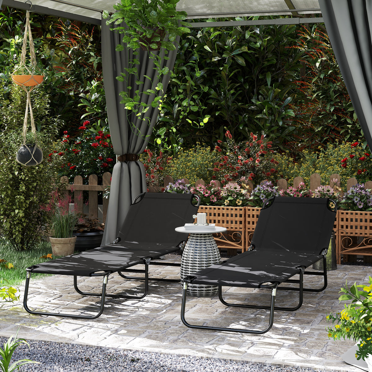 Outsunny 2-Pack Reclining Chaise Lounges with 5-Level Backrest & Steel Frame – Portable Sun Loungers, Black