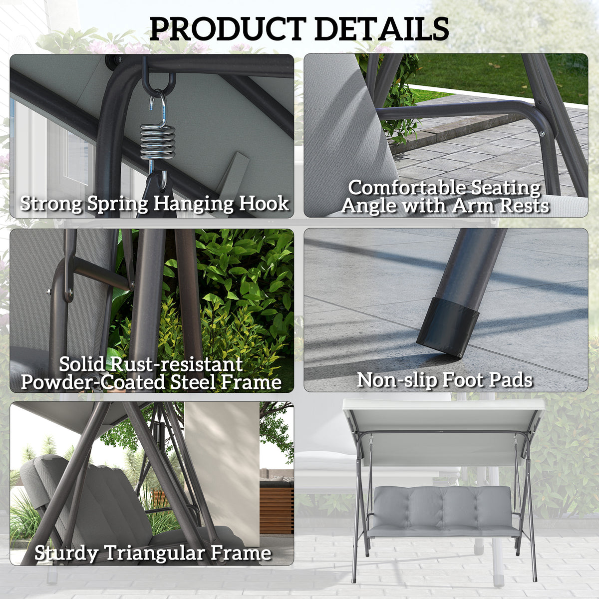 Outsunny 3-Person Porch Swing Bench with Adjustable Canopy, Steel Frame & Removable Cushion – Light Grey