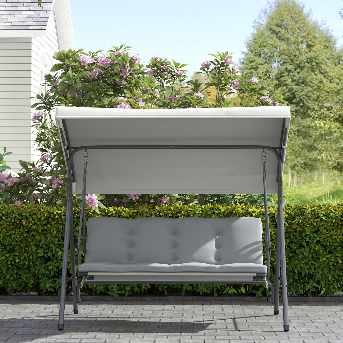 Outsunny 3-Person Porch Swing Bench with Adjustable Canopy, Steel Frame & Removable Cushion – Light Grey