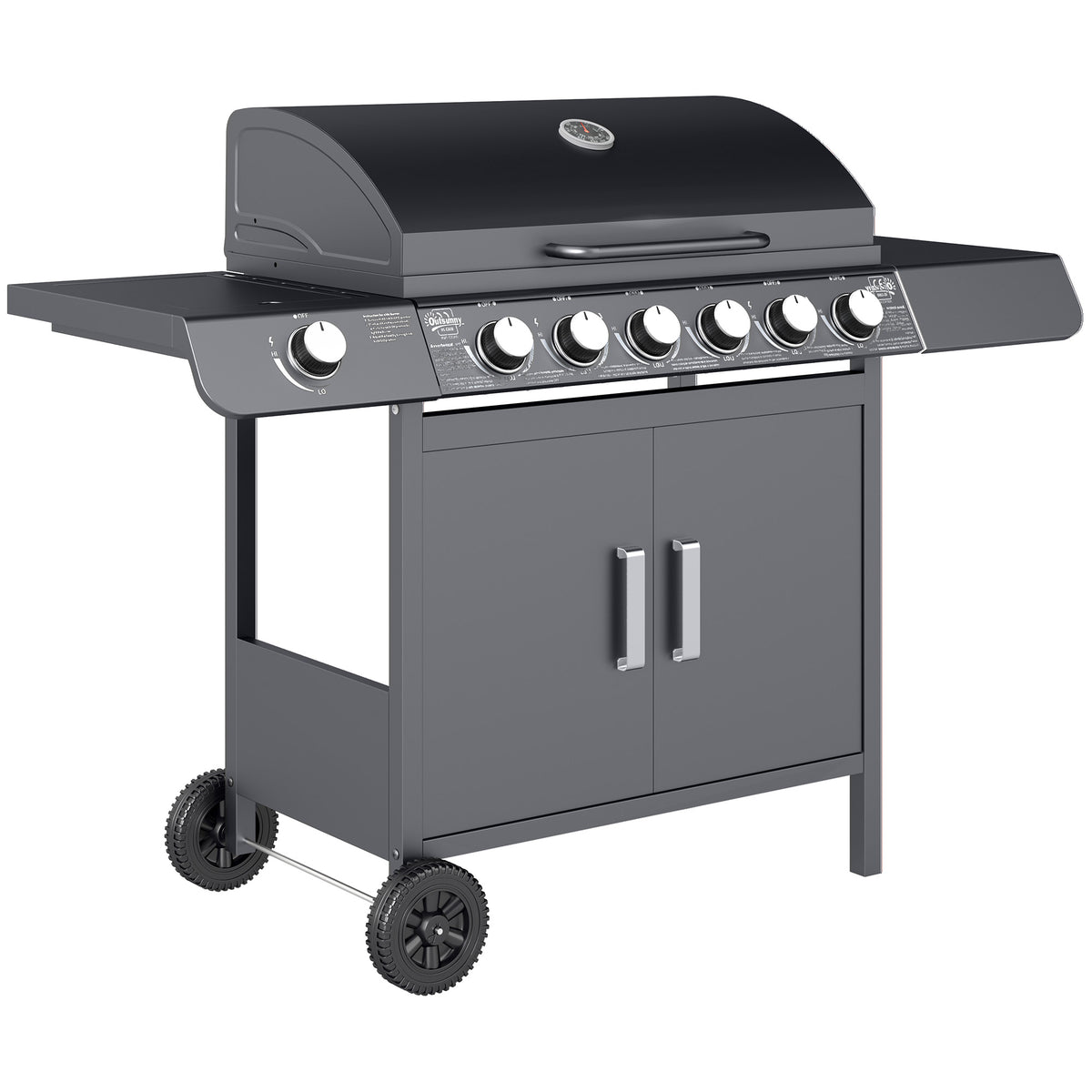 Outsunny 6+1 Burner Gas BBQ Grill with Side Burner, Side Tables, Cabinet & Wheels – Garden Barbecue, Grey