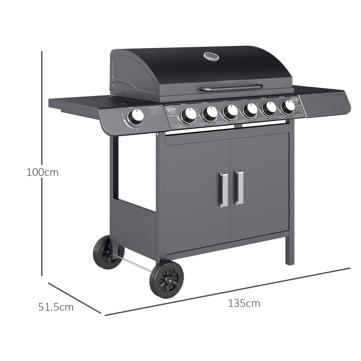 Outsunny 6+1 Burner Gas BBQ Grill with Side Burner, Side Tables, Cabinet & Wheels – Garden Barbecue, Grey
