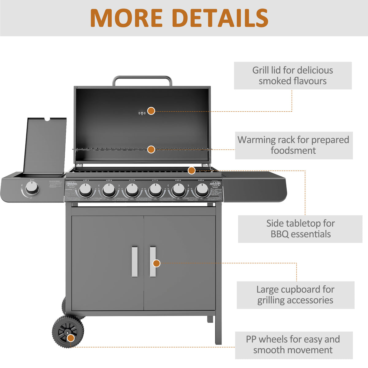 Outsunny 6+1 Burner Gas BBQ Grill with Side Burner, Side Tables, Cabinet & Wheels – Garden Barbecue, Grey