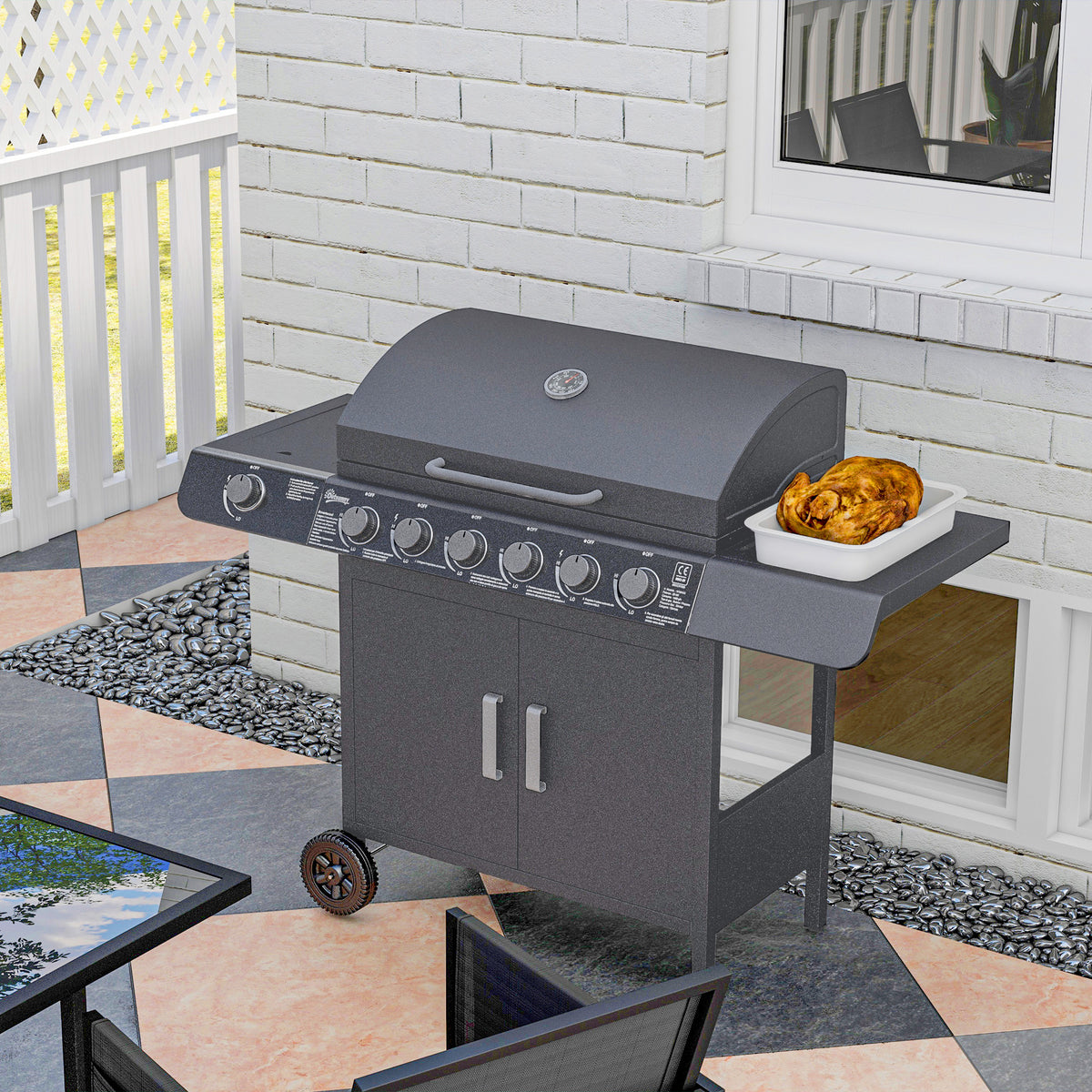 Outsunny 6+1 Burner Gas BBQ Grill with Side Burner, Side Tables, Cabinet & Wheels – Garden Barbecue, Grey