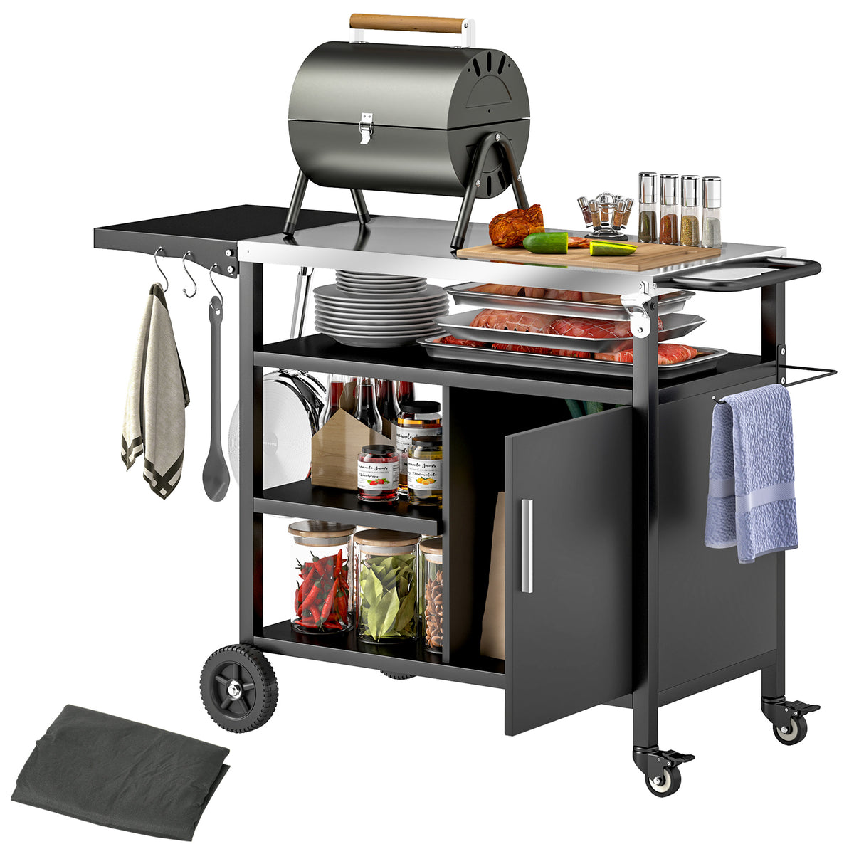 Outsunny Stainless Steel Outdoor BBQ Trolley with Foldable Side Table, Shelves & Gas Cylinder Storage, Black