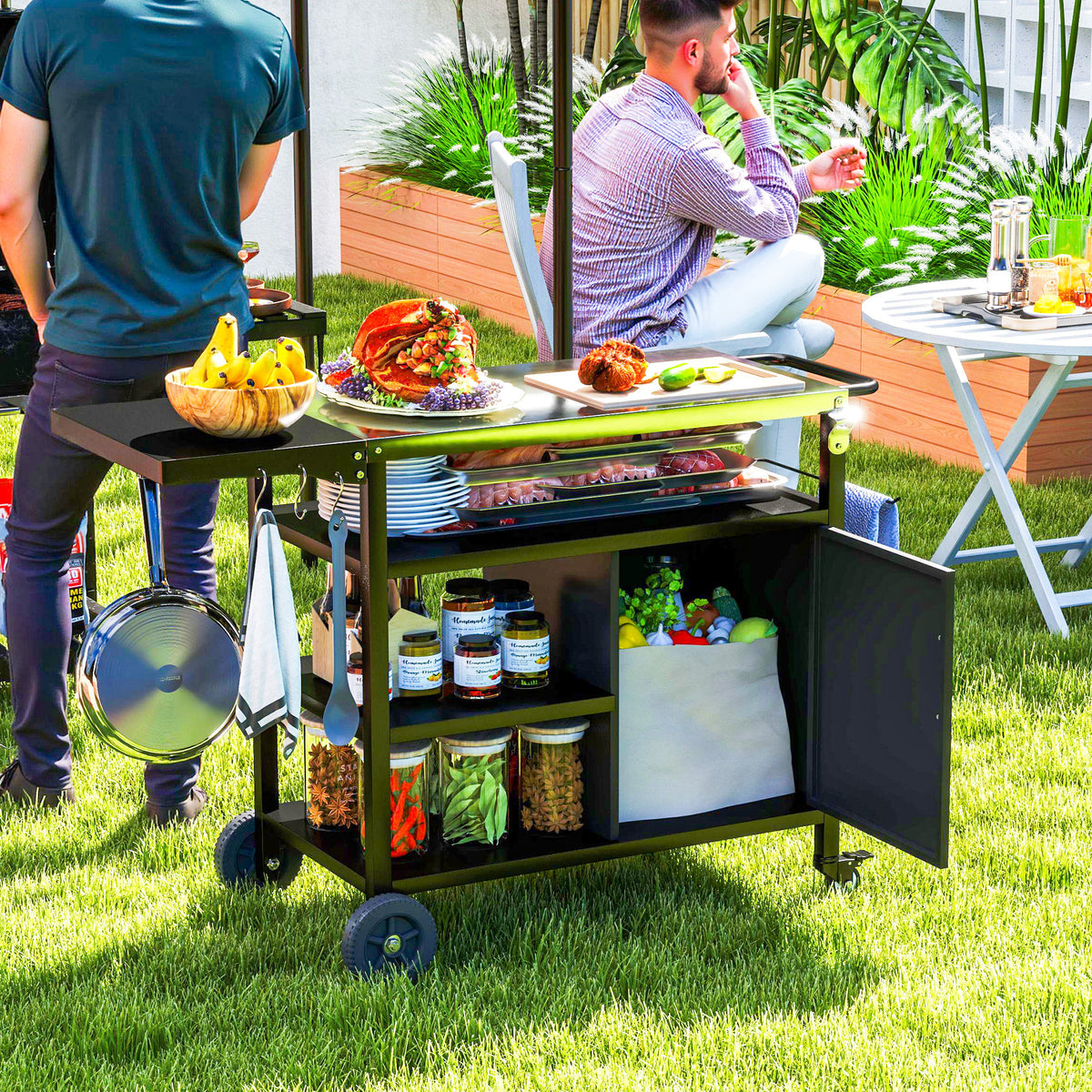 Outsunny Stainless Steel Outdoor BBQ Trolley with Foldable Side Table, Shelves & Gas Cylinder Storage, Black