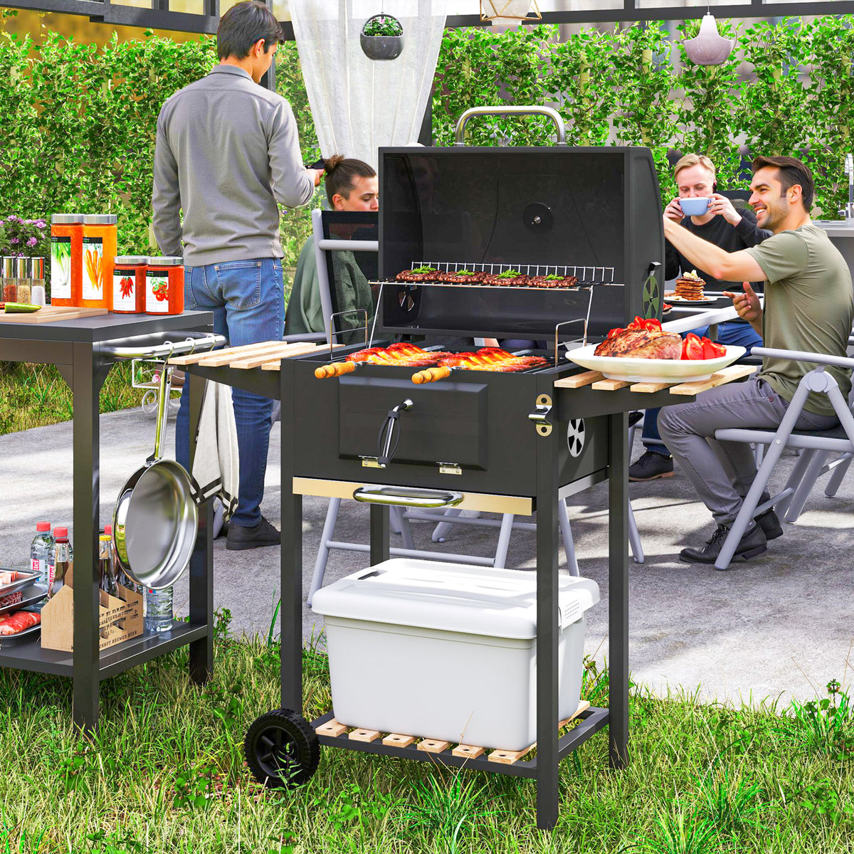 Outsunny Charcoal BBQ Grill with Warming Rack, Thermometer, Side Shelves & Wheels – Garden Barbecue