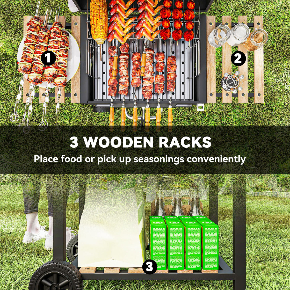 Outsunny Charcoal BBQ Grill with Warming Rack, Thermometer, Side Shelves & Wheels – Garden Barbecue