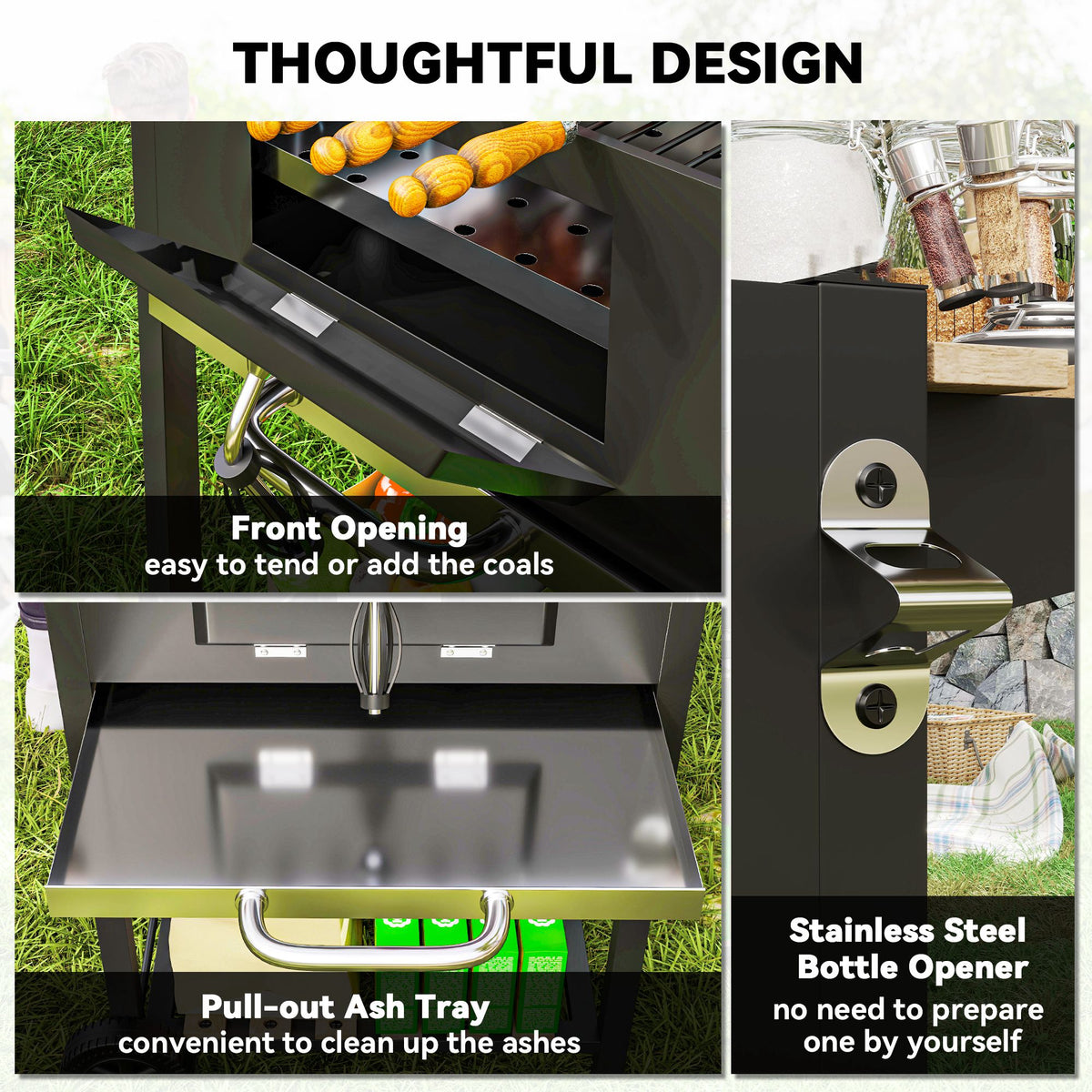 Outsunny Charcoal BBQ Grill with Warming Rack, Thermometer, Side Shelves & Wheels – Garden Barbecue