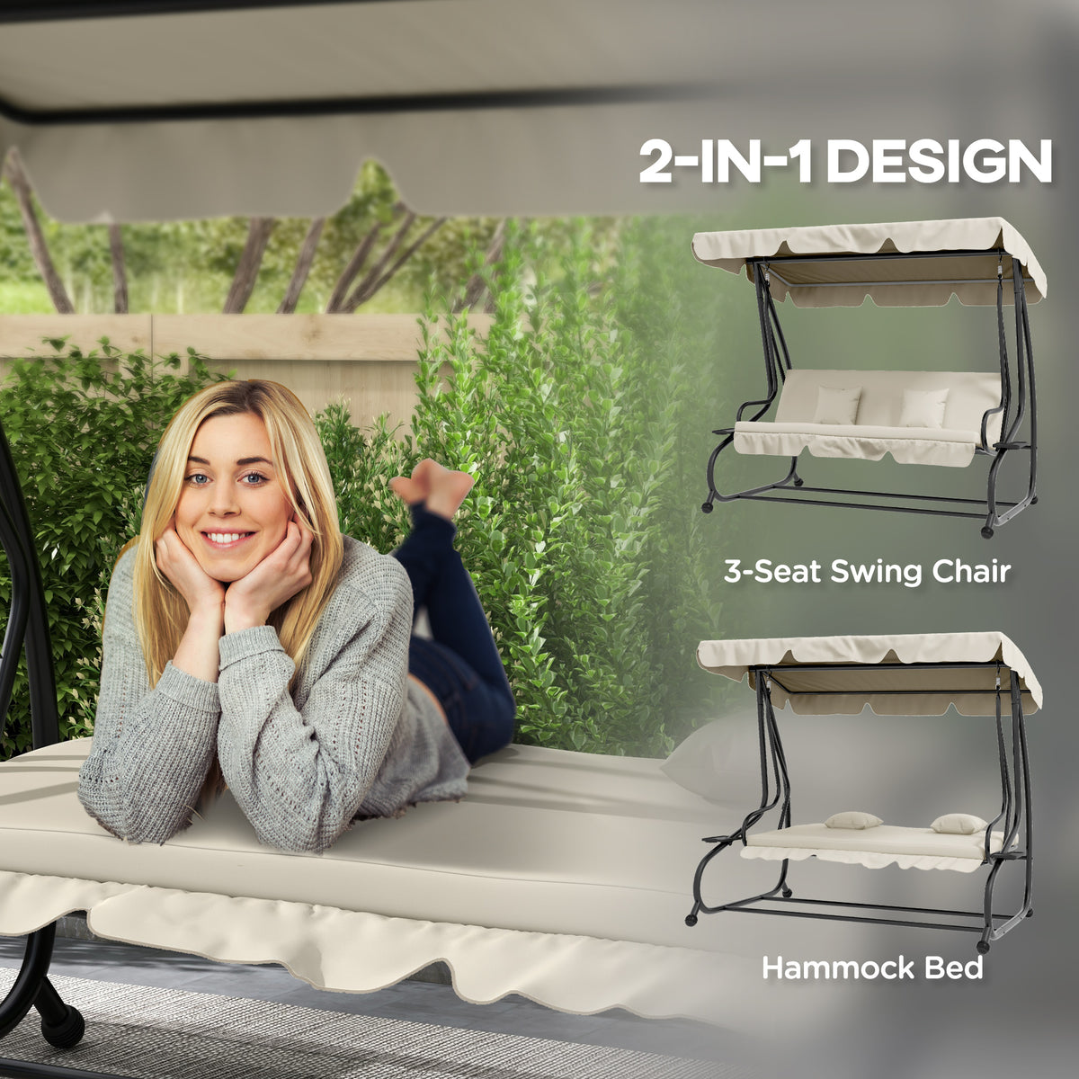 Outsunny 2-in-1 3-Seater Garden Swing Chair with Adjustable Canopy & Side Trays – Converts to Bed, Cream White
