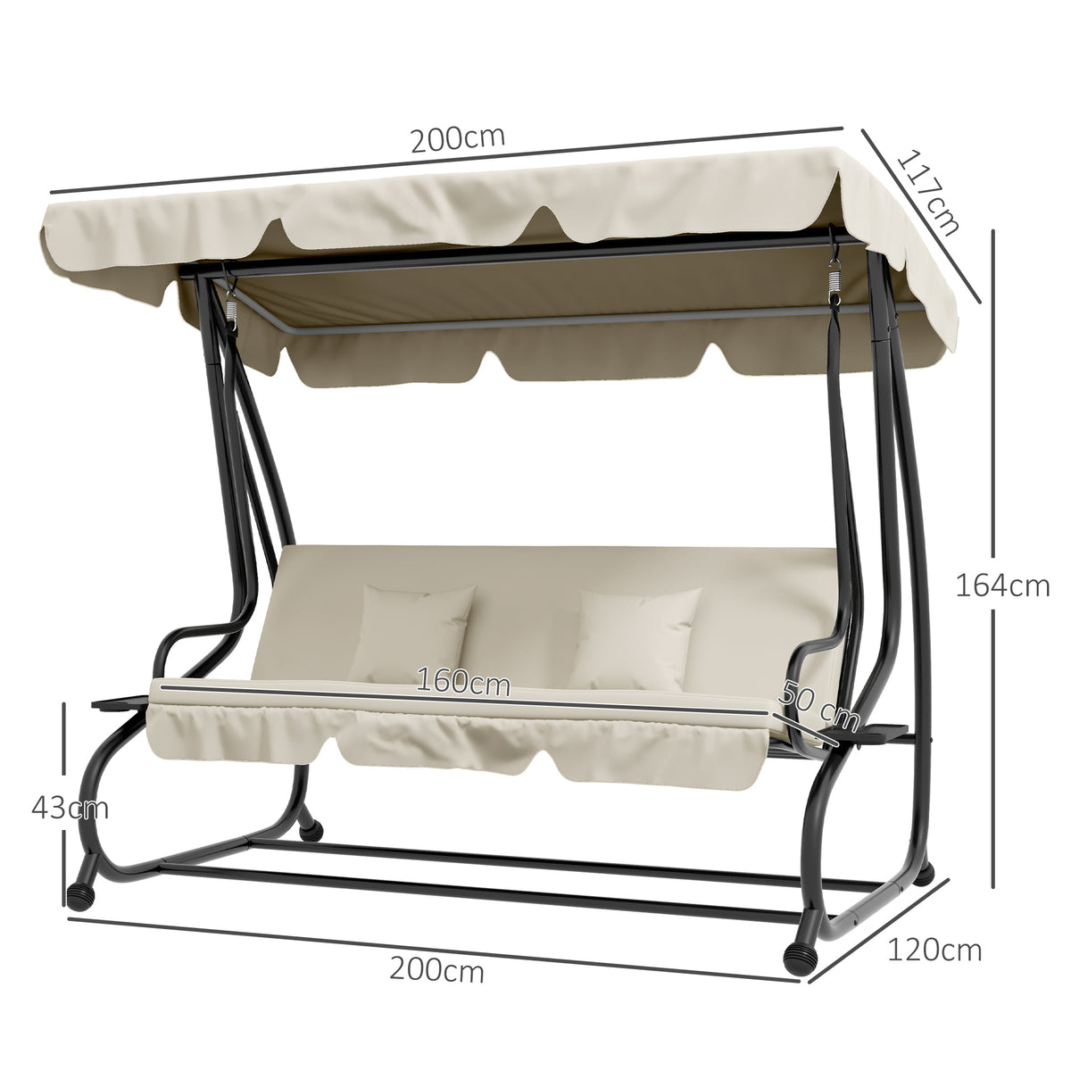 Outsunny 2-in-1 3-Seater Garden Swing Chair with Adjustable Canopy & Side Trays – Converts to Bed, Cream White