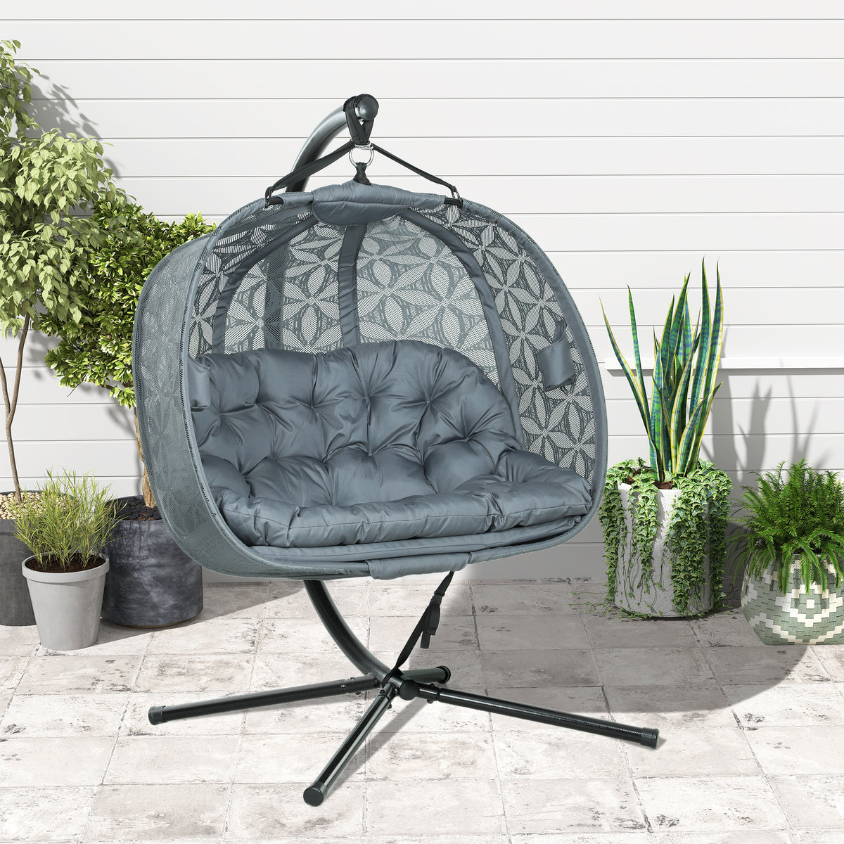 Outsunny Double Hanging Swing Chair with Stand & Cup Holders – 2-Seater Garden Hammock Chair, Charcoal Grey