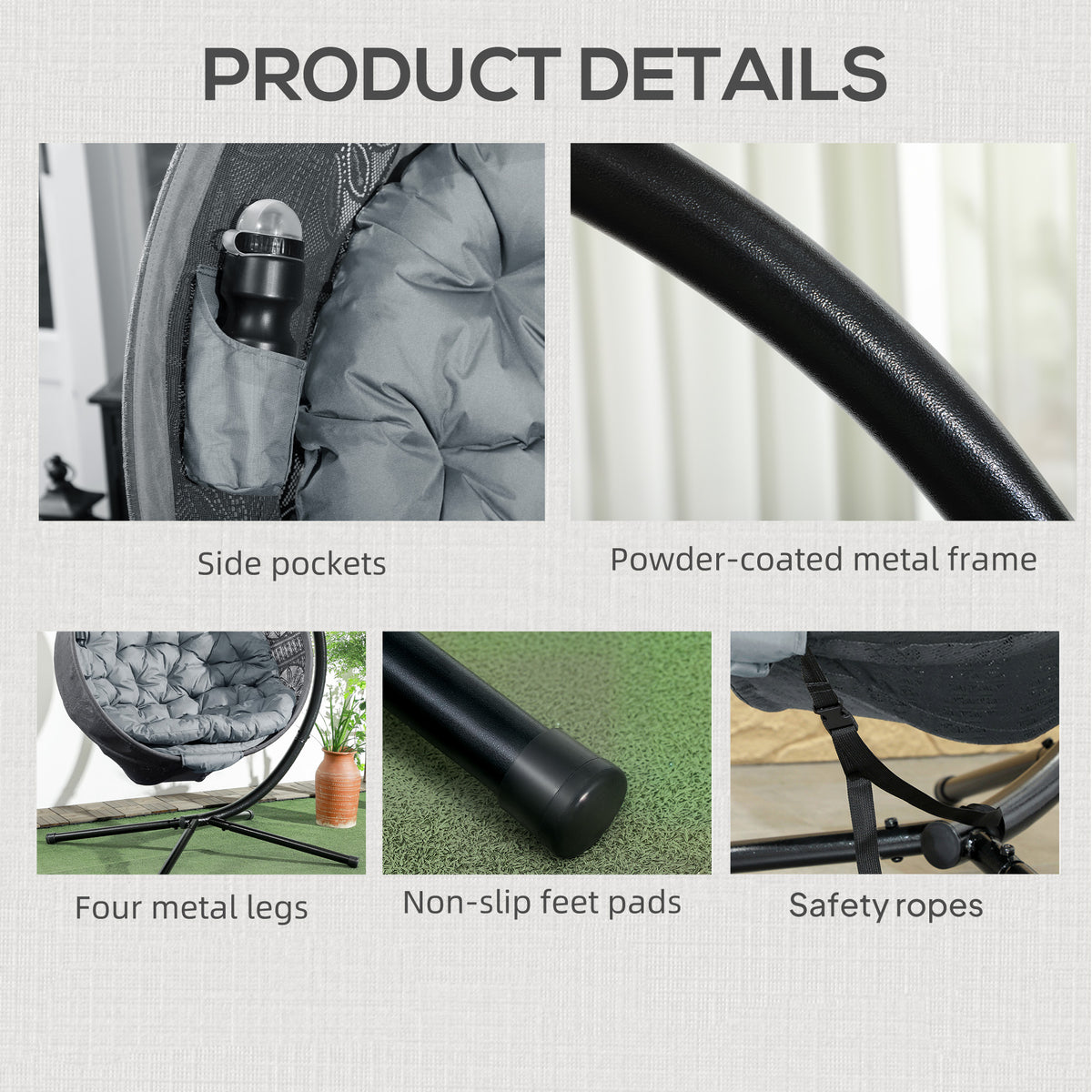 Outsunny Hanging Swing Chair with Metal Stand, Cushion & Foldable Basket – Indoor/Outdoor, Charcoal Grey