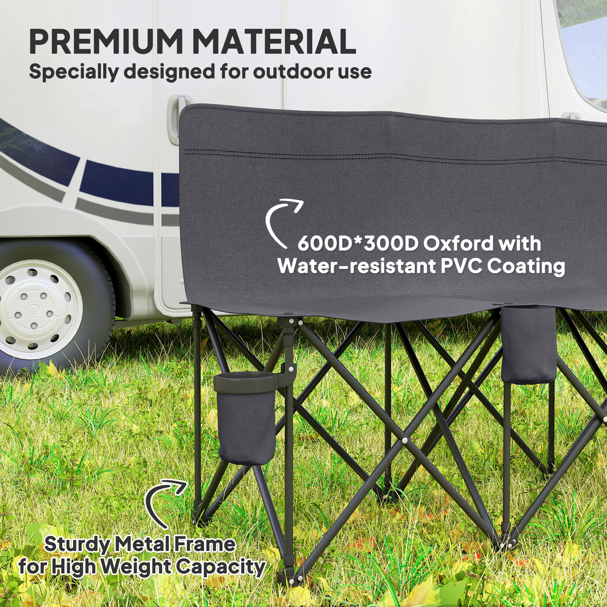 Outsunny 6 Seater Folding Bench Camping Chair with Cup Holders & Carry Case – Team Seating, Charcoal Grey