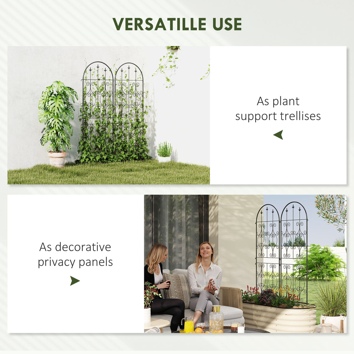 Outsunny Set of 2 Metal Garden Trellis Panels – Scrollwork Climbing Plant Support, 150 x 50cm, Black