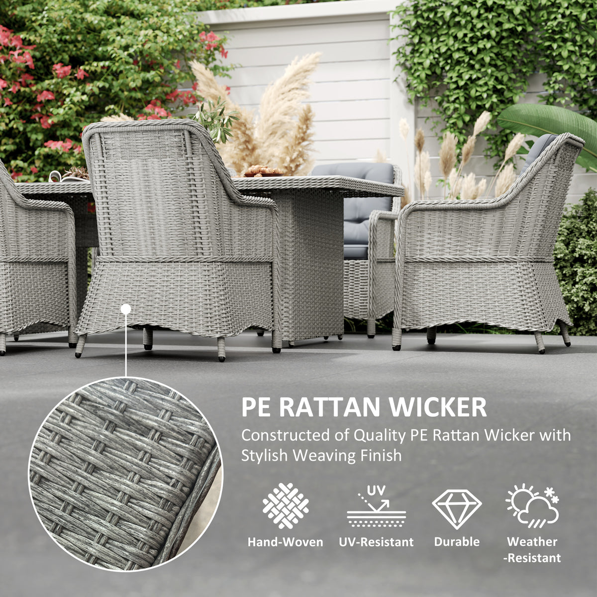 Outsunny 6-Seater Rattan Dining Set with Tempered Glass Table & Cushioned Chairs – Garden Furniture, Grey