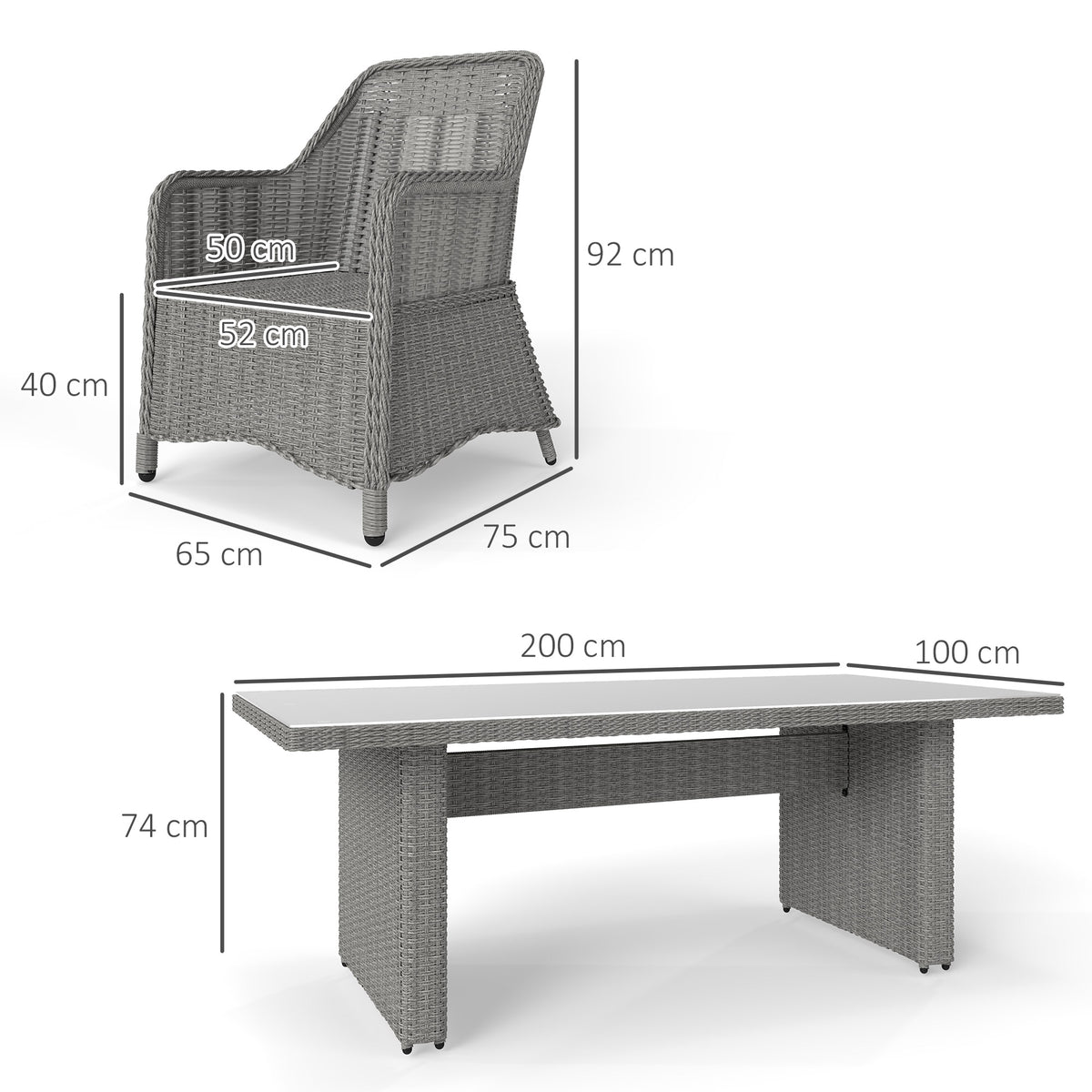 Outsunny 6-Seater Rattan Dining Set with Tempered Glass Table & Cushioned Chairs – Garden Furniture, Grey