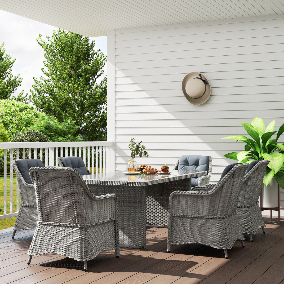 Outsunny 6-Seater Rattan Dining Set with Tempered Glass Table & Cushioned Chairs – Garden Furniture, Grey