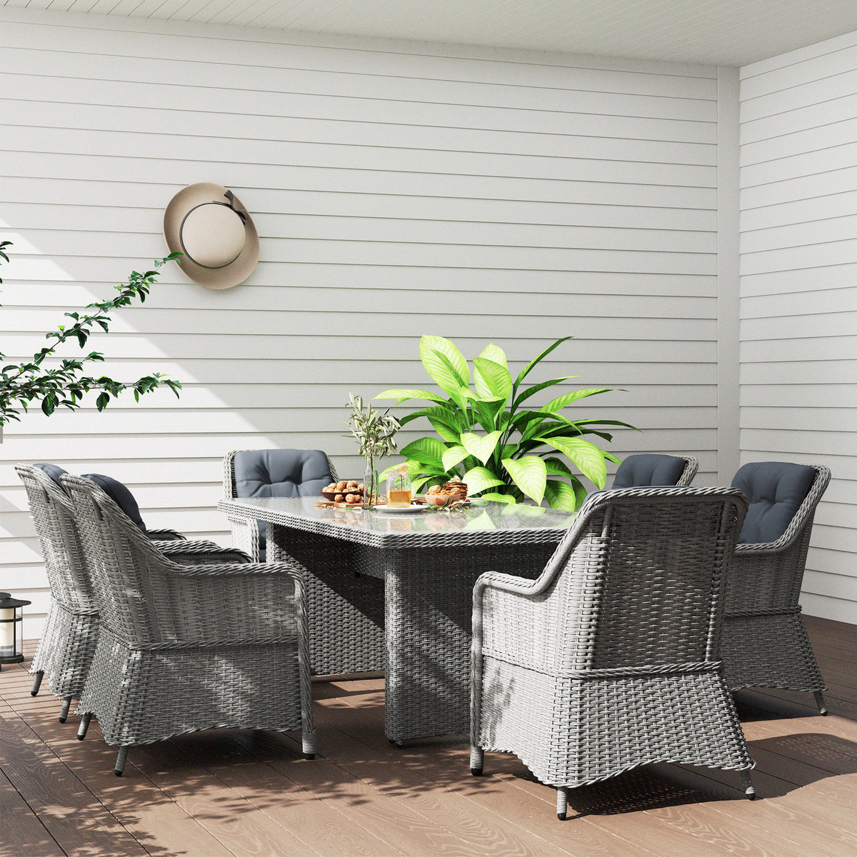 Outsunny 6-Seater Rattan Dining Set with Tempered Glass Table & Cushioned Chairs – Garden Furniture, Grey