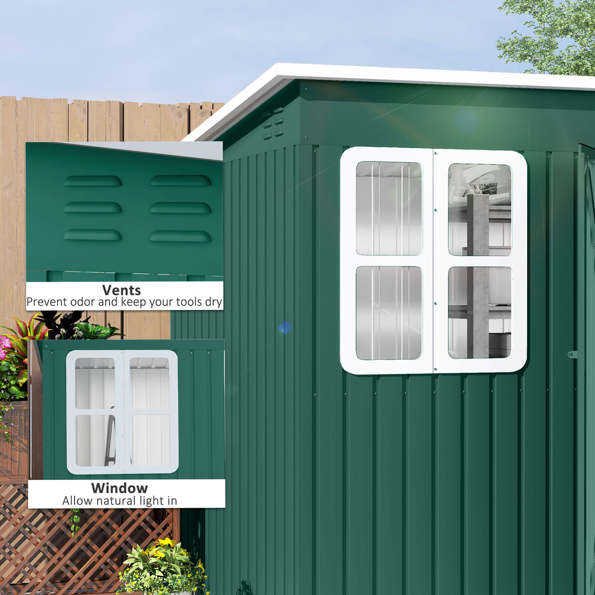 Outsunny 8.5 x 6ft Galvanised Steel Garden Shed with Double Doors, Lock & Foundation Kit – Green