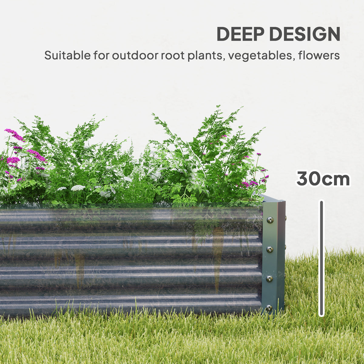 Outsunny Galvanised Steel Raised Garden Bed, 180 x 90 x 30cm – Open-Bottom Planter for Plants, Silver